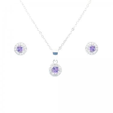 Sterling Silver February Birthstone CZ Halo Necklace & Earrings Set 7x7mm, 16-18"
