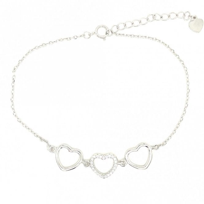 Faith Sterling Silver Sterling Silver Fine Belcher Link CZ & 2 Plain Open Heart Bracelet 17+4cm