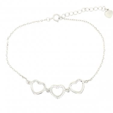Sterling Silver Fine Belcher Link CZ & 2 Plain Open Heart Bracelet 17+4cm
