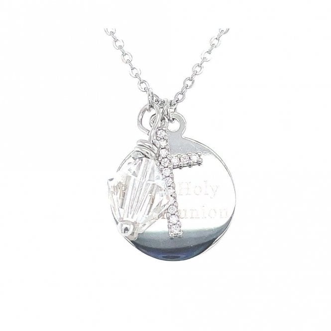 Faith Sterling Silver Sterling Silver First Holy Communion, CZ Cross & April Birthstone Necklace 15x15mm, 16-18