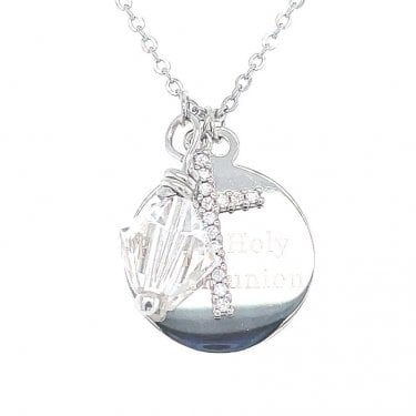 Sterling Silver First Holy Communion, CZ Cross & April Birthstone Necklace 15x15mm, 16-18"