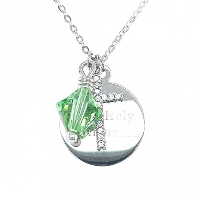 Faith Sterling Silver Sterling Silver First Holy Communion, CZ Cross & August Birthstone Necklace 15x15mm, 16-18