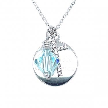 Sterling Silver First Holy Communion, CZ Cross & December Birthstone Necklace 15x15mm, 16-18"