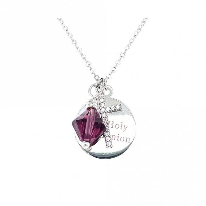 Faith Sterling Silver Sterling Silver First Holy Communion, CZ Cross & February Birthstone Necklace 15x15mm, 16-18