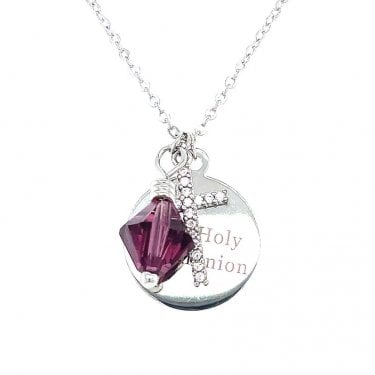 Sterling Silver First Holy Communion, CZ Cross & February Birthstone Necklace 15x15mm, 16-18"