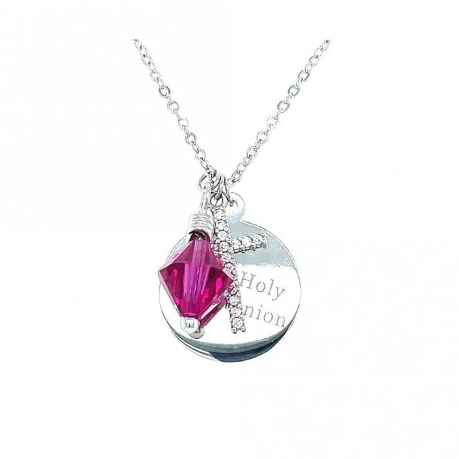 Faith Sterling Silver Sterling Silver First Holy Communion, CZ Cross & January Birthstone Necklace 15x15mm, 16-18