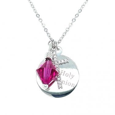 Sterling Silver First Holy Communion, CZ Cross & January Birthstone Necklace 15x15mm, 16-18"