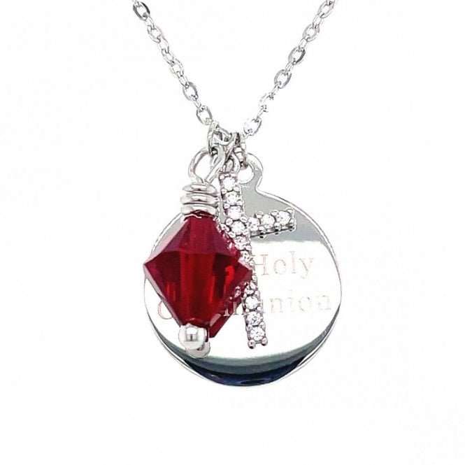 Faith Sterling Silver Sterling Silver First Holy Communion, CZ Cross & July Birthstone Necklace 15x15mm, 16-18