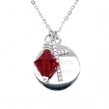Sterling Silver First Holy Communion, CZ Cross & July Birthstone Necklace 15x15mm, 16-18"