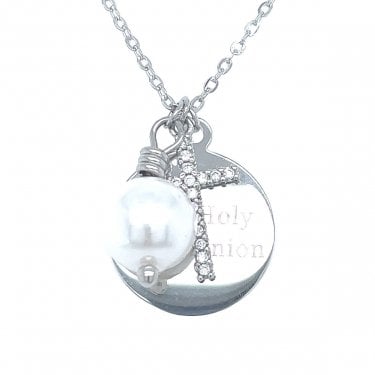 Sterling Silver First Holy Communion, CZ Cross & June Birthstone Necklace 15x15mm, 16-18"