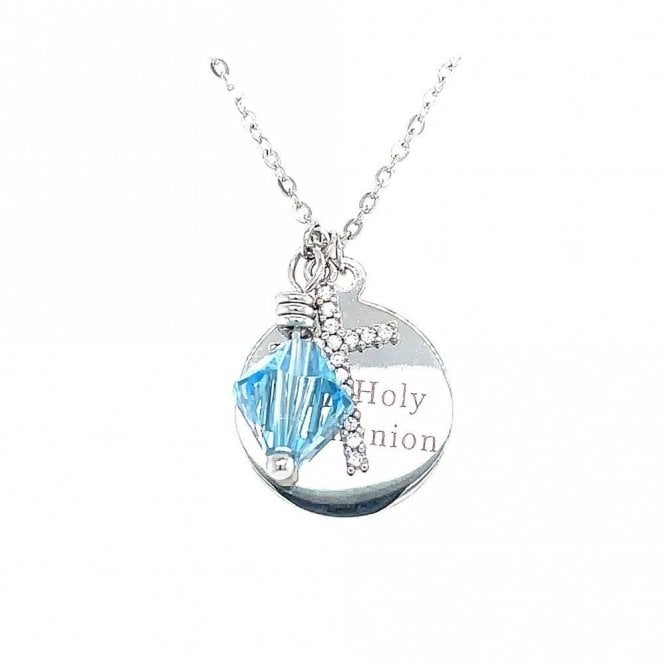 Faith Sterling Silver Sterling Silver First Holy Communion, CZ Cross & March Birthstone Necklace 15x15mm, 16-18