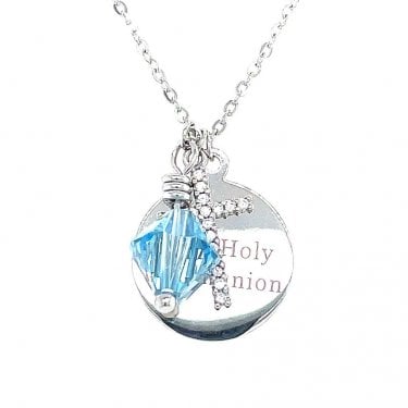 Sterling Silver First Holy Communion, CZ Cross & March Birthstone Necklace 15x15mm, 16-18"