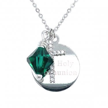 Sterling Silver First Holy Communion, CZ Cross & May Birthstone Necklace 15x15mm, 16-18"