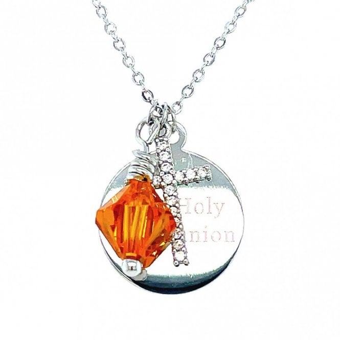 Faith Sterling Silver Sterling Silver First Holy Communion, CZ Cross & November Birthstone Necklace 15x15mm, 16-18
