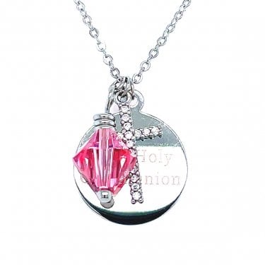 Sterling Silver First Holy Communion, CZ Cross & October Birthstone Necklace 15x15mm, 16-18"