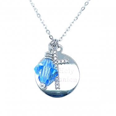 Sterling Silver First Holy Communion, CZ Cross & September Birthstone Necklace 15x15mm, 16-18"