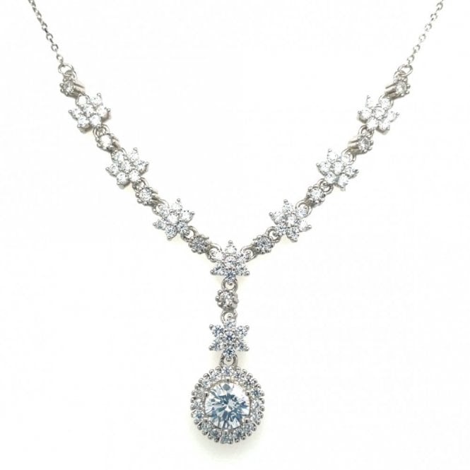 Faith Sterling Silver Sterling Silver Flower Cluster with Round CZ Halo Drop Necklet 42cm + 3.5cm