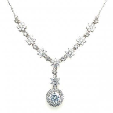Sterling Silver Flower Cluster with Round CZ Halo Drop Necklet 42cm + 3.5cm
