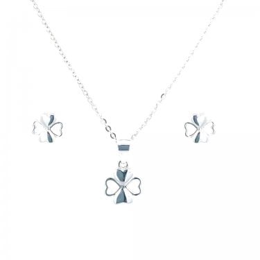 Sterling Silver Four Leaf Clover Necklace & Earrings Set 7x7mm, 8x8mm, 16-18"