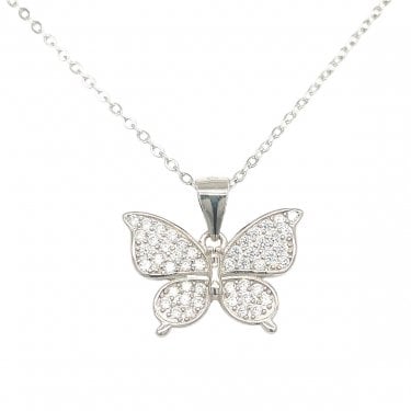 Sterling Silver Full CZ Butterfly Necklace 12x18mm, 16-18"