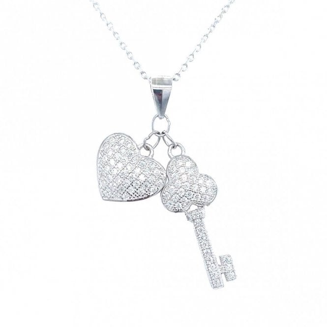 Faith Sterling Silver Sterling Silver Full CZ Pave Heart & Key Necklace 20x11mm, 16-18