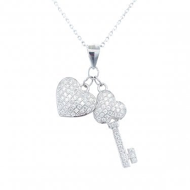 Sterling Silver Full CZ Pave Heart & Key Necklace 20x11mm, 16-18"