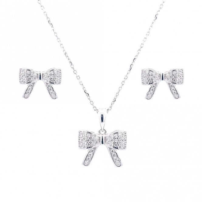 Faith Sterling Silver Sterling Silver Full CZ Pave Set Bow Necklace & Earrings Set 15x10mm, 16-18