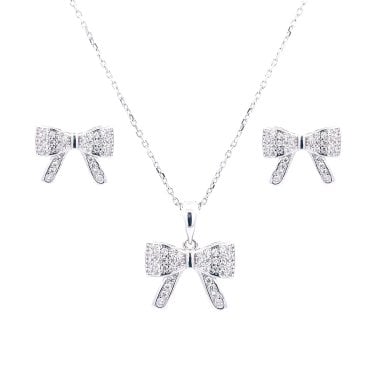 Sterling Silver Full CZ Pave Set Bow Necklace & Earrings Set 15x10mm, 16-18"