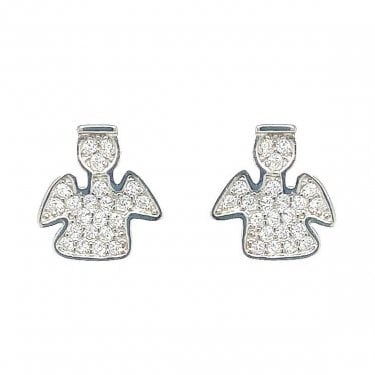Sterling Silver Full CZ Rubover Set Angel Stud Earrings 9x8mm