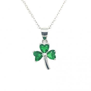Sterling Silver Green CZ Shamrock Necklace 13x10mm, 16-18"