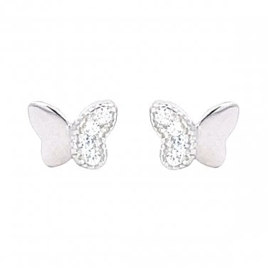 Sterling Silver Half CZ Butterfly Stud Earrings 6x5mm