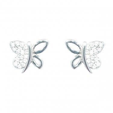 Sterling Silver Half CZ Butterfly Stud Earrings 8x8mm
