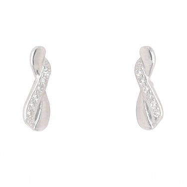 Sterling Silver Half CZ, Half Plain Figure of 8 5x12mm Stud Earrings