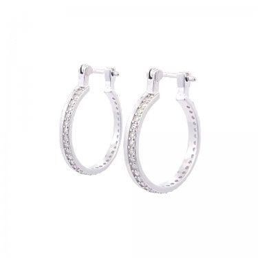 Sterling Silver Half CZ Half Plain Hinged Hoop Earrings 20mm