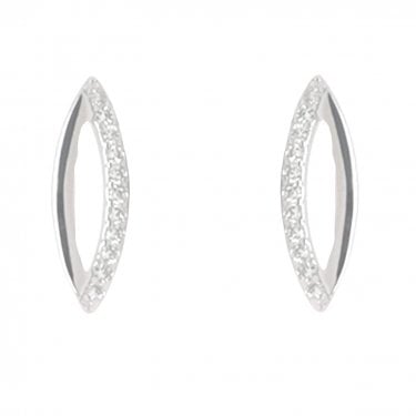 Sterling Silver Half CZ, Half Plain Open Marquise 5x13mm Stud Earrings