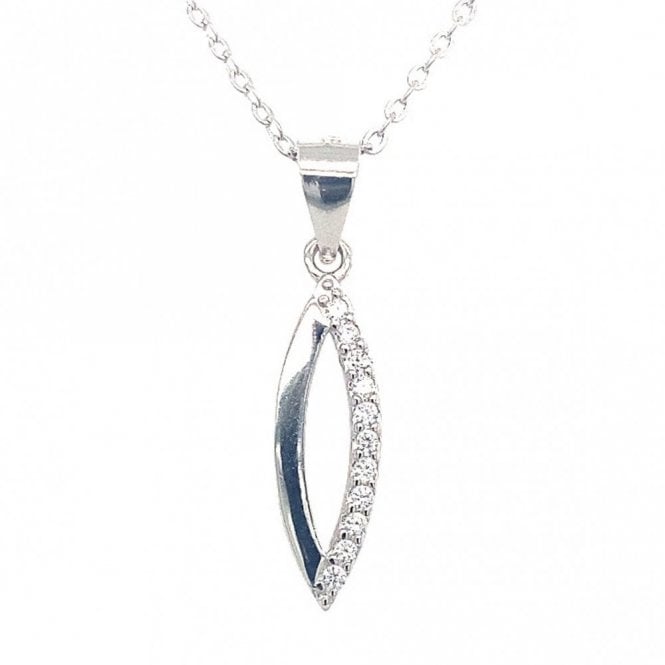Faith Sterling Silver Sterling Silver Half CZ, Half Plain Open Marquise Necklace 18x5mm, 16-18