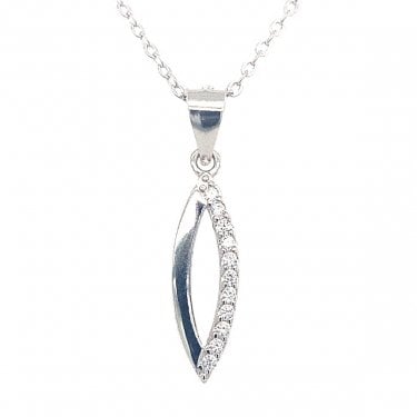 Sterling Silver Half CZ, Half Plain Open Marquise Necklace 18x5mm, 16-18"