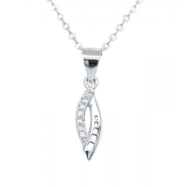 Sterling Silver Half CZ, Half Plain with Part CZ Open Marquise Necklace 13x5mm, 16-18"