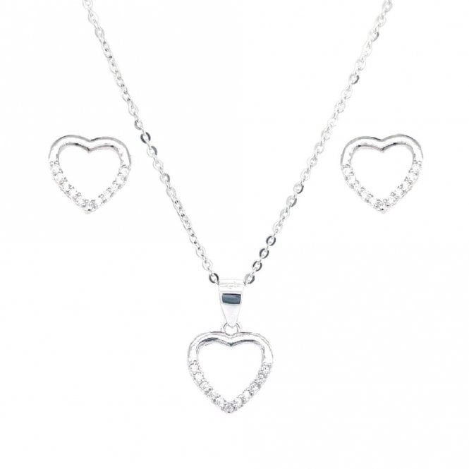 Faith Sterling Silver Sterling Silver Half CZ Heart Necklace & Earrings Set 10x10mm, 16-18