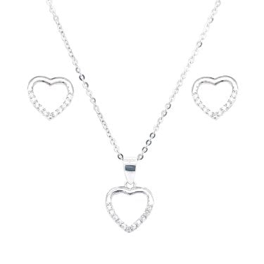 Sterling Silver Half CZ Heart Necklace & Earrings Set 10x10mm, 16-18"