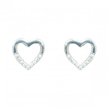 Sterling Silver Half CZ Heart Stud Earrings 8x9mm