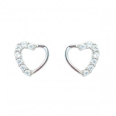 Sterling Silver Half CZ Open Heart Stud Earrings 9x9mm