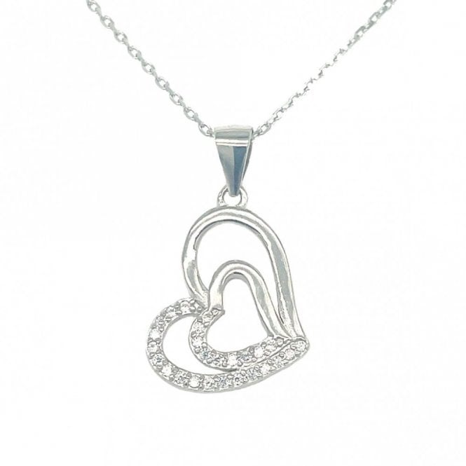Faith Sterling Silver Sterling Silver Half CZ Open Heart with Half CZ Heart Inside Necklace 16x14mm, 16-18