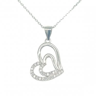 Sterling Silver Half CZ Open Heart with Half CZ Heart Inside Necklace 16x14mm, 16-18" 