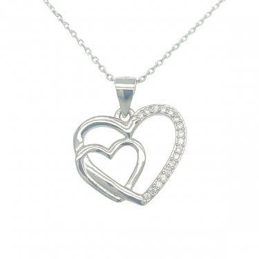 Sterling Silver Half CZ Open Heart with Heart Inside Necklace 17x15mm, 16-18" 