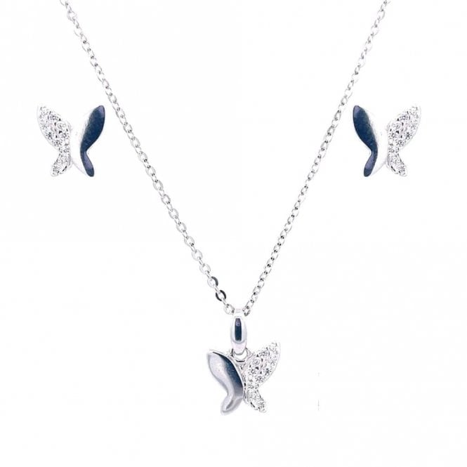 Faith Sterling Silver Sterling Silver Half CZ Pave Set Butterfly Necklace & Earrings Set 8x9mm, 16-18