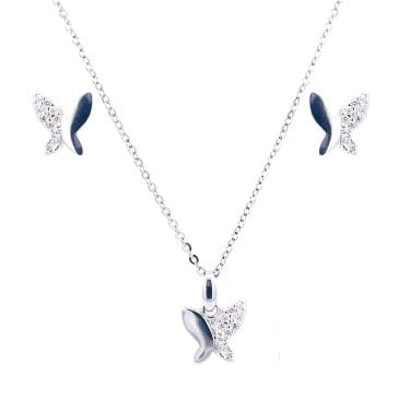 Sterling Silver Half CZ Pave Set Butterfly Necklace & Earrings Set 8x9mm, 16-18"