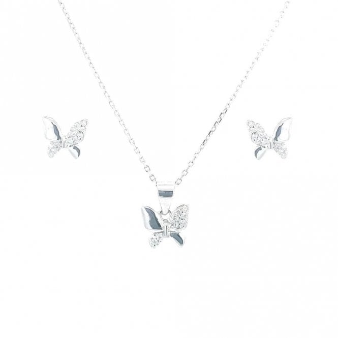Faith Sterling Silver Sterling Silver Half Plain & Alternate CZ Wing Butterfly Necklace & Earrings Set 9x9mm, 16-18
