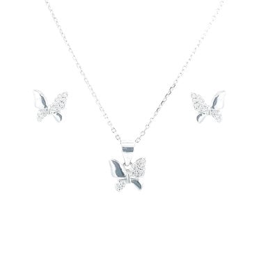 Sterling Silver Half Plain & Alternate CZ Wing Butterfly Necklace & Earrings Set 9x9mm, 16-18"