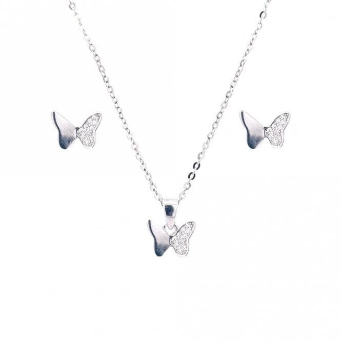 Faith Sterling Silver Sterling Silver Half Plain Half CZ Butterfly Necklace & Earrings Set 9x6mm, 16-18